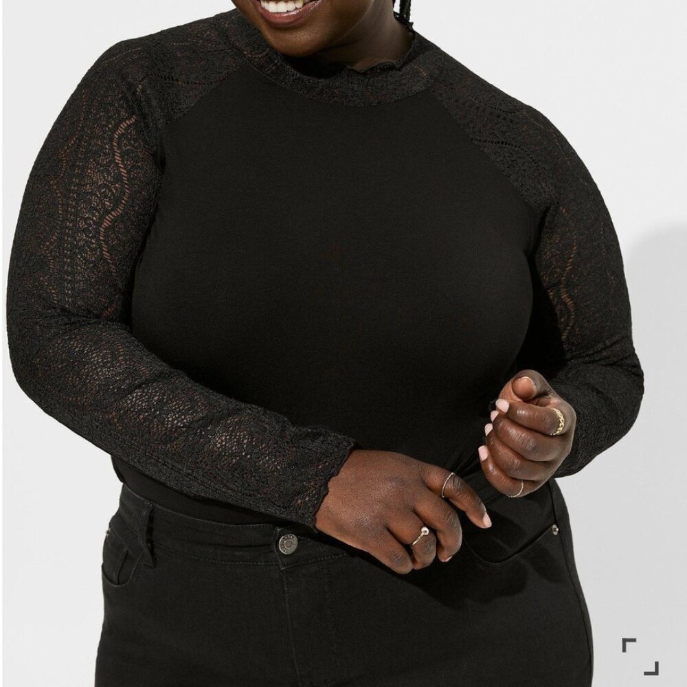 957. Large - TORRID - Super Soft Lace Mock Neck Long Sleeve Top Black NEW - Picture 2 of 4